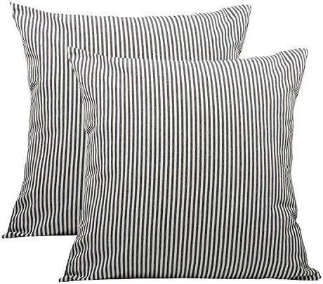 COMHO Pack of 2, Cotton Woven Striped Throw Pillow Covers Set, Decorative Cushion Covers, Square Farmhouse Pillowcases, for Sofa Bedroom Car Chair 18x18 Inch/45x45 cm (Black)