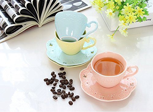 Eglaf Coffee Tea Cup Set Embossed Ceramic (Bone China) and Porcelain Saucers Scoop Bracket 6 - Piece Set (Blue)