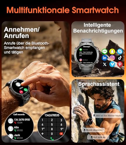 1400 mAh Battery Smartwatch Men, 1.7 HD Military Smart Watch with Phone Function, 110+ Sports Modes, IP68 Fitness Watch, Heart Rate/Sleep Monitor, LED Torch, Sports Watch for Android iOS, Grey Black