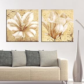 2 Panel Square Vintage Style White Flower Petals...