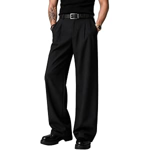 HUNGSON Mens Baggy Casual Dress Pants Wide Leg Pleated Trousers with Elastic Waist and Pockets