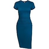 Missufeintl Women's Bodycon Ruched Short Sleeve T Shirt Midi Sundress Fitted Casual Dress