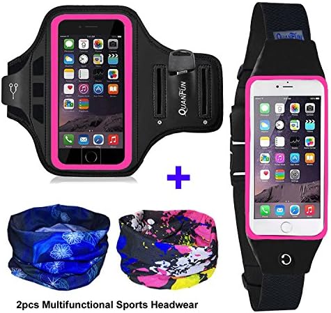 QUANFUN Slim Running Belt, Fanny Packs Waist Pack with Two Zipper Pockets Pouch Bag for Women Men, Workout Phone Holder Compatible iPhone XR XS Max X 8+, Galaxy, Fits up to 6.5” Cell Phones - Rosypink