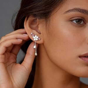Cherry Blossom Flower Ear Climber Earrings for Women, Petal Cuff Studs, Delicate Minimalist Jewelry Gift for Her, Floral Ear