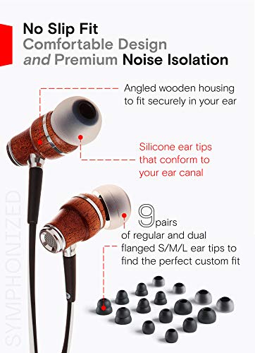 Symphonized NRG X Sapele Wood Earbuds, Ergonomic Design in-Ear Noise-Isolating Headphones, Earphones with Angle-Fit Ear Tips, in-line Microphone and Volume Control, Stereo Earphones (Black & White)
