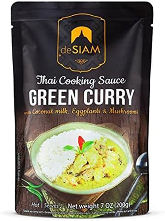 DE SIAM Thai Green Curry Sauce with Coconut milk, Eggplants and Mushrooms – Serves 2 (200 g.) – Green Curry in a"hurry"- Fresh Green Curry Sauce Ingredients from Thailand