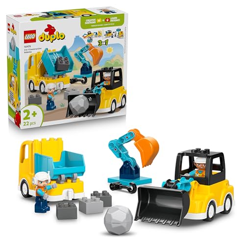 DUPLO 3-in-1 Baufahrzeuge - Pädagogisches Montessori Spielzeug für Kleinkinder mit Lastwagen, Bagger und Radlader - Geburtstagsgeschenk für Jungen und Mädchen ab 2 Jahren - 10475