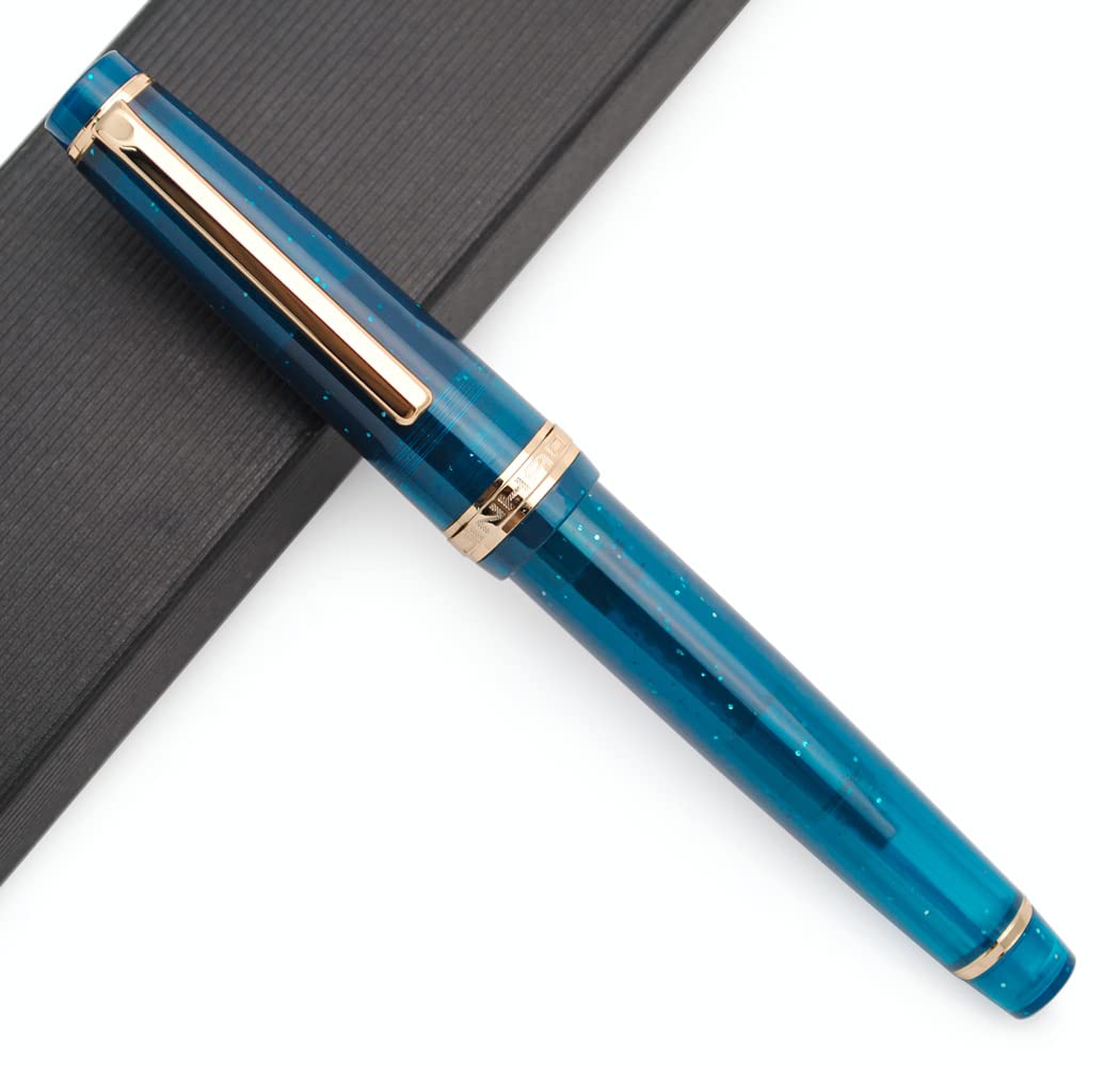 JINHAO 82 Celluloid Fountain Pen Acrylic Ink Pen with Ink Converter (Fine Nib, Gold Clip-Transparent Deep Sea Blue)