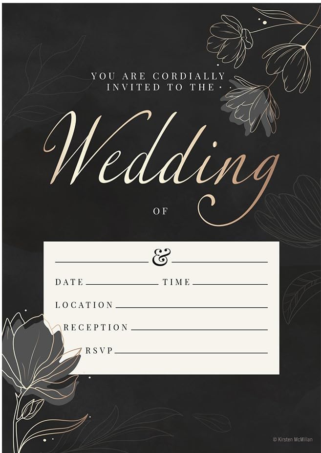 Kirsten McMillan 25 Black Wedding Invitations with Envelopes A6 Wedding Invites with Envelopes Designed and Printed in the UK (Pack of 25)