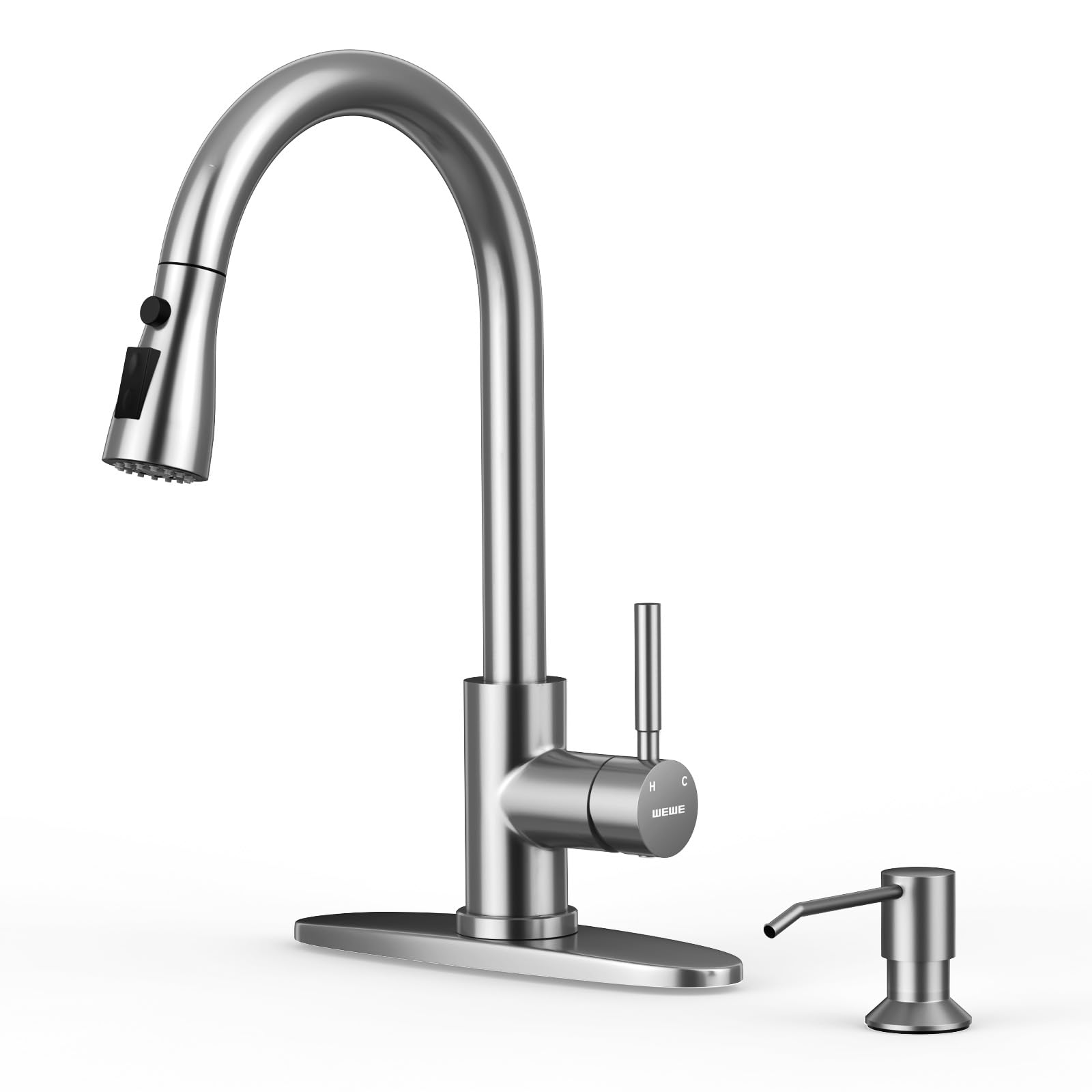WEWE Kitchen Faucet with Soap Dispenser and Pull Down Sprayer, RV Single Handle Classic 3 Modes Stainless Steel Faucet for Kitchen Sink, RV, Stainless Steel Image
