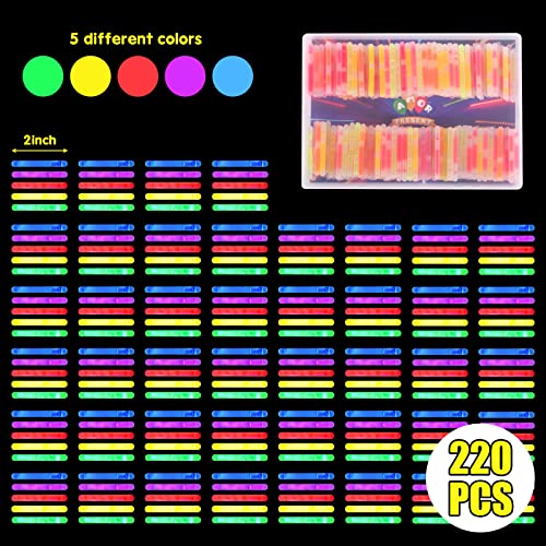 AMOR PRESENT 220PCS Mini Glow Sticks Bulk, 2 Inch Bright Neon Light Sticks 5 Colors Light Up Sticks Glow Party in The Dark Neon Halloween Candy Bag Fillers
