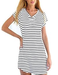 NUESTROS vestido camisero, suelto, a rayas, de cuello redondo, con mangas cortas, para dama