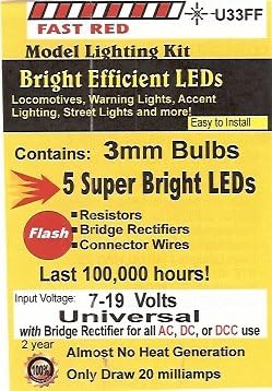 U33FF 3 mm Bright Fast Flashing Red LED, Pkg=5 by Evan Designs