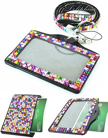 Multi Colors Rhinestone Crystal Bling Necklaces LANYARDs Keychain with Full Rhinestone Horizontal ID Badge Holder (Rainbow)