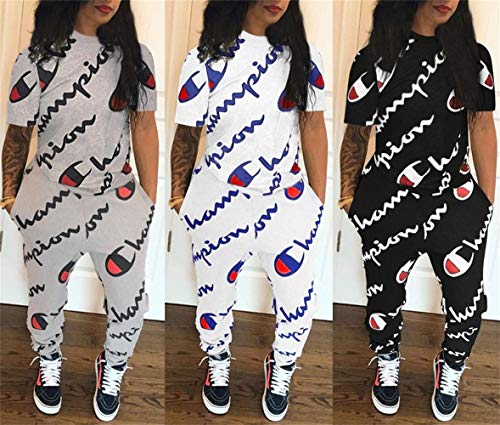 Womens 2 Piece Outfits Letter Print Short Sleeve Crop Top and Long Pants Set Jumpsuit Romper