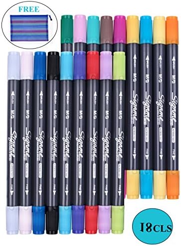 Dual Tips Marker Pens, Fine and Brush Tips Drawing Markers, Watercolor Brush Markers Set for Adults Coloring Books, Bullet Journal, Note Taking, Shading, Outlining, Scrapbooking &amp; More (18 Colors)