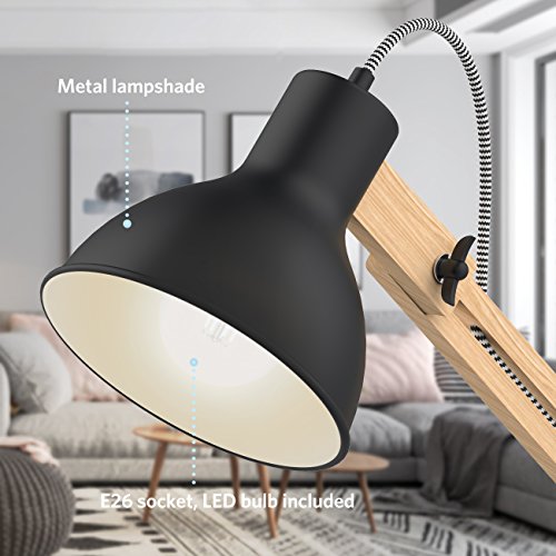 Tomons Wood Floor Lamp, Adjustable Head Reading Light, Nature Rubber Wood, 8W Warm White LED Light, 40W E26 Incandescent Lamp, 57.8" Height Suitable For Living Room, Bedroom, Study Room-FL1001 - Thumbnail 4
