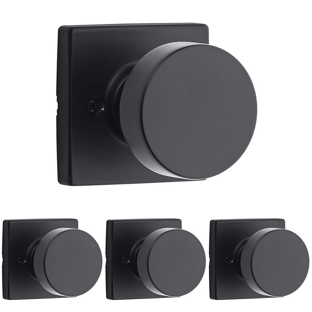 Kwikset Pismo Dummy Door Knob, Single Sided Handle for Closets, French Double Doors, and Pantry, Matte Black Non-Turning Interior Push/Pull Door Knob, with Microban Protection (Pack of 4) Image