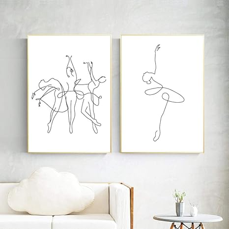 Abstraite Ballerine Imprimer One Line Corps Dessin Art Toile Peinture Black White Art Image Danse Affiche Fille Chambre Wall Decor 50x70cmx2 Sans Cadre Amazon Fr Cuisine Maison