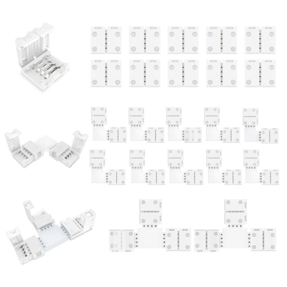 REDTRON LED Light Strip Connectors - 4 Pin RGB 10mm Solderless Kit for SMD 5050/3528 LED Strips - Includes Gapless Line, L Shape & T Shape Connectors