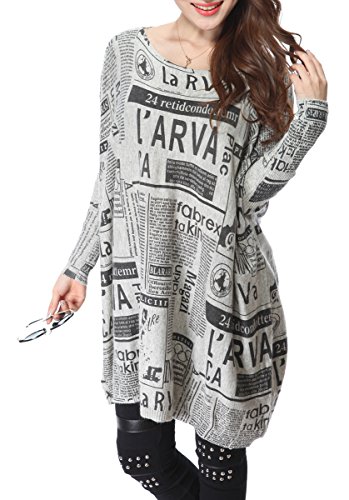 ELLAZHU Women Baggy Newspaper Print Knit Pullover Dress OneSize SZ25 Grey