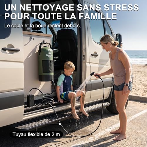 Tadomoe Douche Portable Électrique 20L avec 2000mAh Pompe - Douche Solaire de Camping Pliable avec Tuyau 2m & Sac de Rangement - Douche Extérieur pour Fourgon Aménagé, Plage, Chien et Randonnée