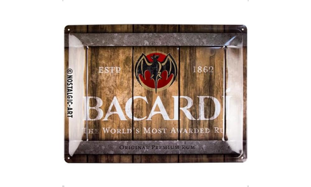 Nostalgic-Art Retro Tin Sign – Bacardi – Wood Barrel Logo – Gift idea for rum fans, Metal Plaque, Vintage design for wall decoration, 30 x 40 cm