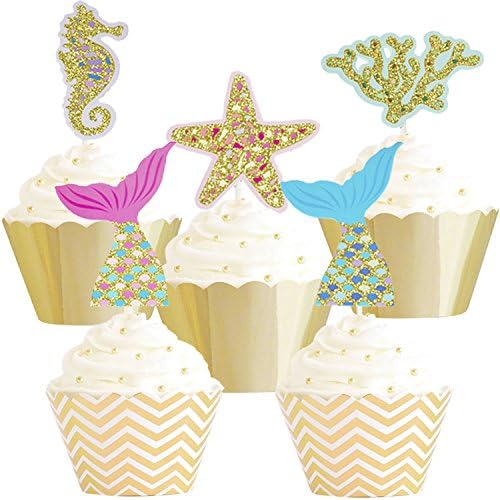 Betop House Set of 25 Pieces Under the Sea Mermaid Tail Sea Star Starfish Seahorse Coral Themed Party Kids Birthday Baby Shower Cake and Cupcake Decorative Topper Party Supplies