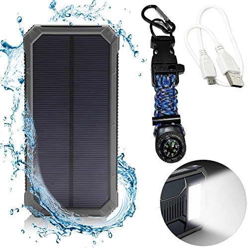Emergency Backup Solar Phone Charger 12000mAh - LED Flashlight Waterproof - Includes Compass, Paracord, Fire Starter Carabiner Clip - Solar Power Bank - Solar Battery - Portable Charger …