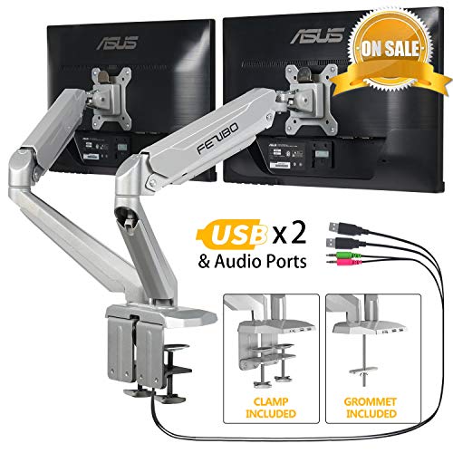 Dual Arm Monitor Mount Stand – Fezibo Height Adjustable Mount with Gas Spring for 2 Screens from 17″ to 29″ LCD Computer Screens, Each Arm Holds up to 17.6 lbs