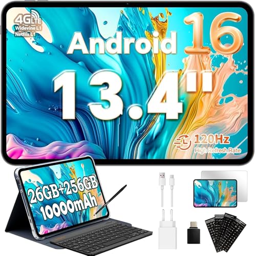 TECLAST T65 Tablet 13.4 Inch 120Hz Display Tablet Android 16, Dual SIM 4G LTE + 5G WiFi, 2.2GHz Octa-Core, 26GB RAM+256GB ROM(TF 4TB) Widevine L1 1080P/13MP/BT5/GPS/OTG, with Keyboard+Case+Pen