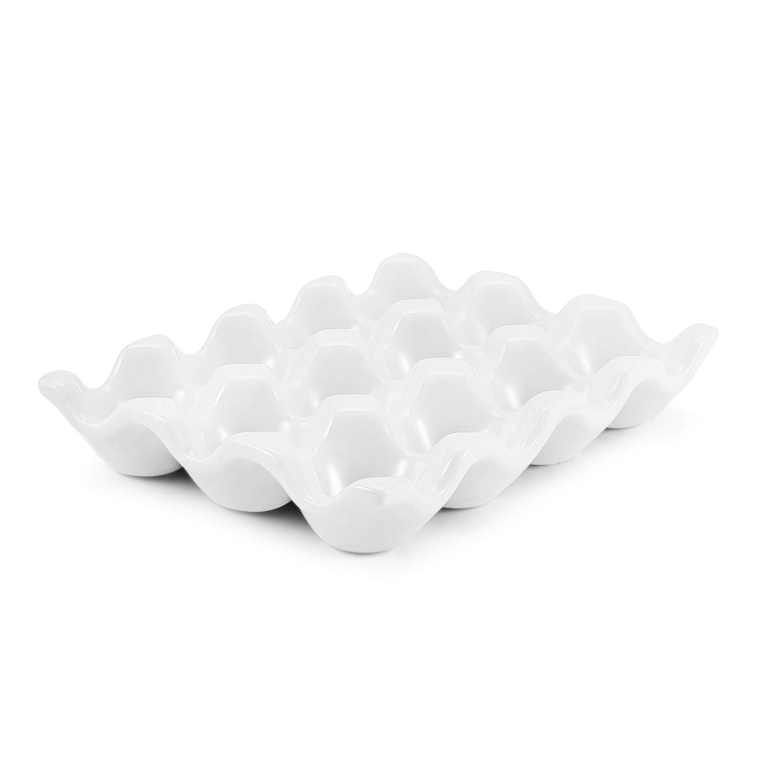 Flexzion 12 Eggs Ceramic Egg Holder, 12 Porcelain Egg Tray Storage Box, Non-Slip Egg Plate, Egg Holder, Egg Carrier Egg Box for Home, Kitchen, Fridge, Restaurant, White