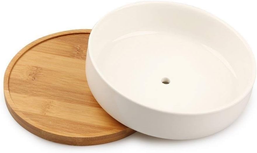 Faturt Ceramic Flower Pot, Wooden Tray, Ceramic Large Round