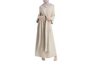 SGASY Womens Muslim Dress 2024 Long Sleeve Crew Neck Spring Summer Dresses Casual Slim Eid Party Dress with Pockets