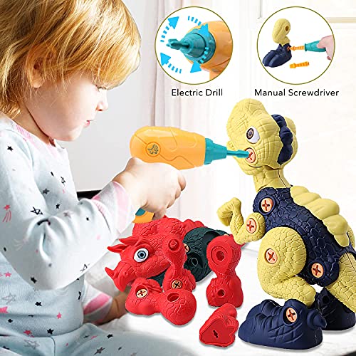 WANFEI Dinosaur Toys, 4 Pack of Take Apart Dinosaurs Construction Building Toy Set with Electric & Hand Drill for Kids 3 4 5 6 7 8 , STEM Kids Toys for Toddlers Boys Girls Birthday Gifts