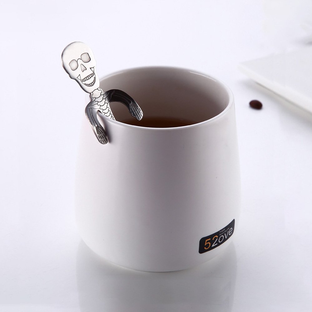 RYVORBE Skull Spoons Mini Coffee Spoon Set Stainless Steel Hanging Demitasse Spoons Novelty Small Spoons (5 Inches, Set of 4)