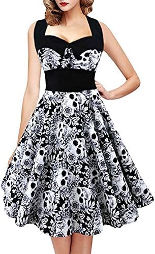 SHYNI Women's Skull Printed Backless Swing Midi Dress Floral Print Halter Cocktail Dress Plus Size