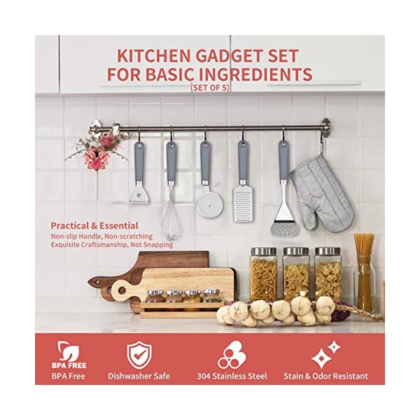 Uarter Kitchen Utensil Sets 5 Pcs - Kitchen Tools Essentials Gadgets - Cookware Gadgets/Accessories with Potato Masher | Peeler | Cheese Grater | Whisk | Pizza Cutter - Cooking Utensils for Daily Use