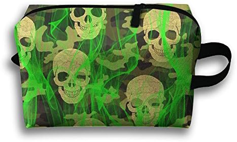 Camo Skulls Metallic Camo With Fluorescent Green Fire Oxford Travel Toiletries Bag Sturdy Organizer Cosmetic Handbag For Women Men Portable