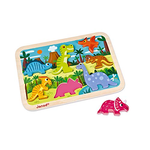 Janod - Chunky Wooden Dinosaurs Puzzle - 7 Pieces - Fine Motor Skills Development and Concentration - From 18 Months…