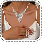DANRENPANG V-Shaped Silver Bridal Wedding Jewelry Set Crystal Necklace Dangle Earrings Set for Bride Bridesmaid Rhinestone Necklace Prom Costume Jewelry Set