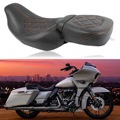 Photo 1 of Low-Profile Leather Seat Pillion Passenger Rider Seat Set Compatible with Harley Touring Road King Street Glide Road Glide Electra Glide CVO 2009-2023 (Orange stitching)