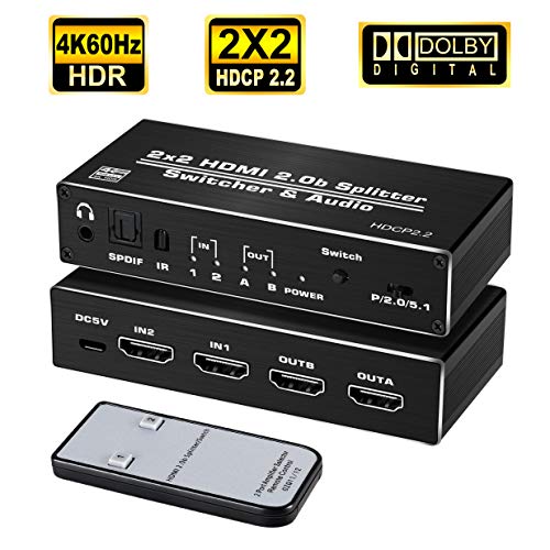 avedio links HDMI Switch 2 in 2 Out 4K@60hz, 2x2 HDMI Switcher Splitter with Optical Toslink SPDIF+3.5mm Jack Audio Extractor, Supports HDMI2.0b,HDR, HDCP 2.2, RGB/YUV 4:4:4 (Black)