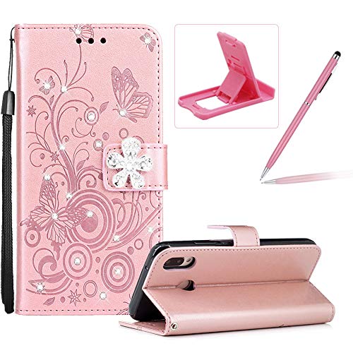 Glitter Leather Case for Huawei P20 Lite,Wallet Flip Cover for Huawei P20 Lite,Herzzer Stylish Elegant Rose Gold Diamond Butterfly Print with 3D Crystal Flower Magnetic Stand Case