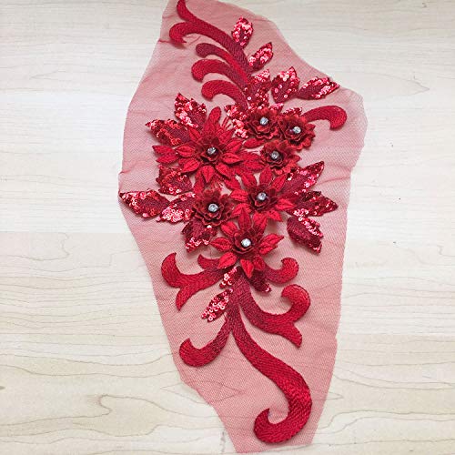 Exquisite 3D Flower Applique Beaded Sequined Crystal Floral Lace Patch Appliques Red Motif for Lyrical Dance Dress Craft Projects - Thumbnail 6