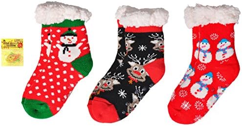 3 PAIR SNOWMAN Non Skid Warm Cozy Indoor House Winter Slipper Socks Top Christmas Stocking Stuffer Gift Idea for Boys Girls Kids with Silly Bands (StyleC)