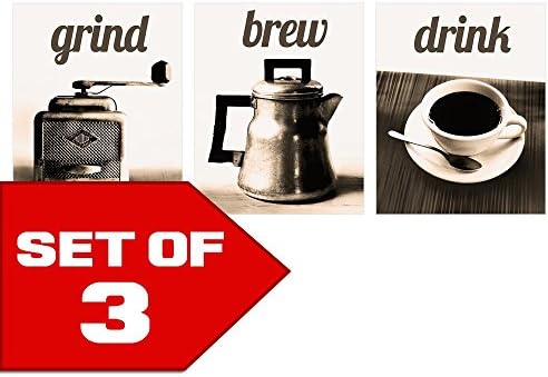 Wallables Grind, Brew, Drink! Warm Sepiatone Retro Inspired Coffee Wall Art! Set of Three 8x10 Prints. Kitchen, Cafe, Diner, Coffee House or Restaurant Decor. Designed Exclusively