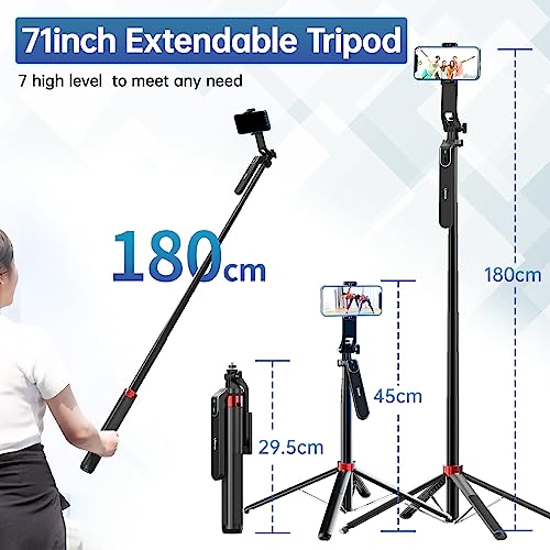 ULANZI MA09 Extendable Phone Tripod, 71" Selfie Stick Phone Vlog Tripod Stand Quadrapod with All in 1 Phone Clip, Travel Tripod Phone Holder with Rechargeable Remote
