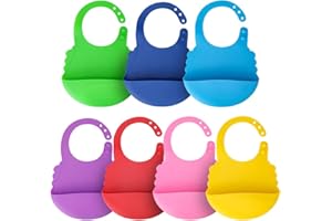 Aricsen 7 Pack Silicone Baby Bibs for Babies & Toddlers (6-72 Months), Plastic Adjustable Fit Waterproof Feeding, Easy Wipe Clean, Soft, Unisex, Pouch Non Messy Boys Girls Eating Drink (7 Colors)
