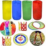 FUN LITTLE TOYS 4 Outdoor Lawn Games Includes 4 Potato Sack Race Bags, 8 Hopscotch Rings, Toss Game Set with 4 Bean Bags and 4 Chasing Race Game Vests, Kids Outdoor Toys Birthday Party Games